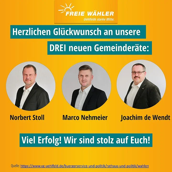 Herzlichen Glückwunsch an unsere drei neuen Gemeinderatsmitglieder. Norbert Stoll, Marco Nehmeier, Joachim de Wendt.